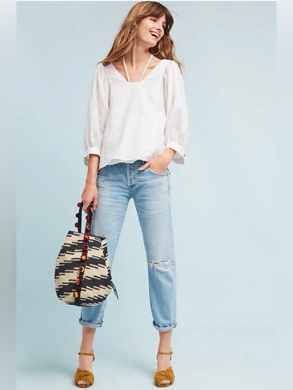 Anthropologie Akemi + Kin White Linen Blend Balloon Sleeve Blouse XS Boho